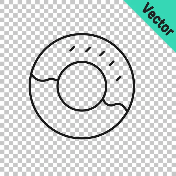 Zwarte Lijn Donut Met Zoete Glazuur Pictogram Geïsoleerd Transparante Achtergrond — Stockvector