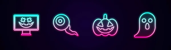 Definir Linha Feliz Feriado Halloween Olho Abóbora Fantasma Ícone Néon — Vetor de Stock