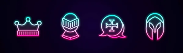 Set Line King Crown Medieval Helmet Crusade Glowing Neon Icon — Stock Vector