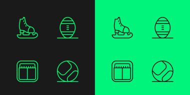 Set çizgisi beyzbol topu, spor mekanik skorbordu, patenler ve Amerikan futbolu ikonu. Vektör