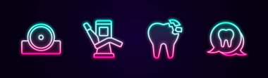 Otolaryngological baş reflektörü, diş hekimi koltuğu, kırık diş ve diş. Parlayan neon ikonu. Vektör