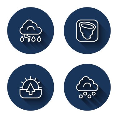 Bulut ve şimşek, Kasırga, Gündoğumu ve uzun gölgeli dolu bulutu hattı oluşturun. Mavi daire düğmesi. Vektör