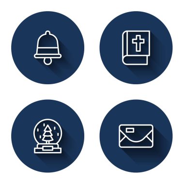 Noel çanı, kutsal kitap, kar küresi ve uzun gölgeli zarf. Mavi daire düğmesi. Vektör