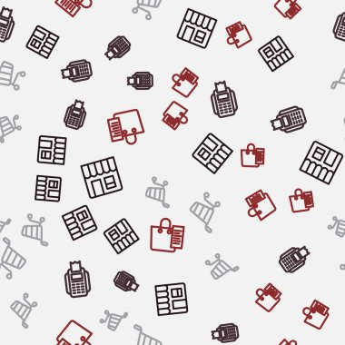 Hat marketi, POS terminali, alışveriş arabası ve listeyi kusursuz düzende ayarla. Vektör