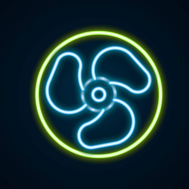 Parlayan neon hattı dış tekne motor ikonu siyah arkaplanda izole edildi. Tekne motoru. Renkli taslak konsepti. Vektör