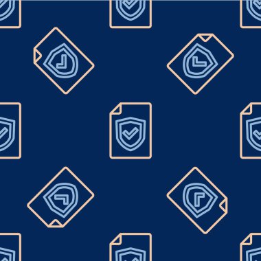 Kalkan simgesine sahip çizgi sözleşmesi mavi arka planda izole edilmiş pürüzsüz desen. Sigorta konsepti. Güvenlik, güvenlik, koruma, konsept koruma. Vektör