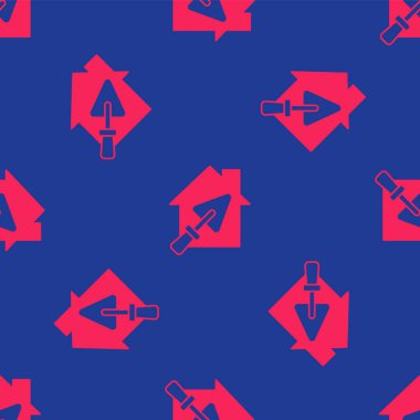 Kırmızı Ev ya da mavi arka planda izole edilmiş mala ikonlu ev. Ayarlama, servis, ayar, bakım, onarım, onarım. Vektör