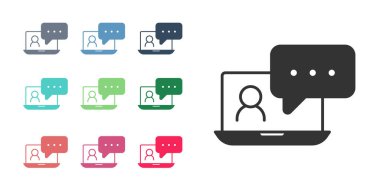 Siyah görüntülü sohbet konferansı simgesi beyaz arkaplanda izole edildi. Çevrimiçi iş görüşmesi formu. Uzak proje yönetimi. Simgeleri renklendirin. Vektör