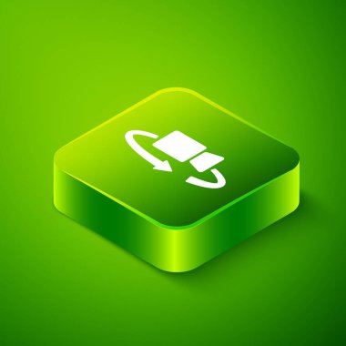 Isometric 360 derecelik görüntü simgesi yeşil arkaplanda izole edildi. Sanal gerçeklik. 360 derecelik açıyla. Panorama fotoğrafı. Yeşil kare düğmesi. Vektör