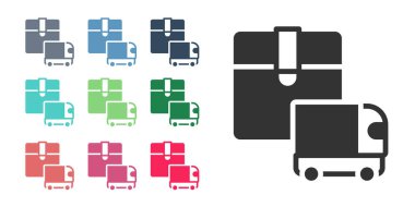 Siyah kargo kamyonu ikonu beyaz arka planda izole edildi. Simgeleri renklendirin. Vektör