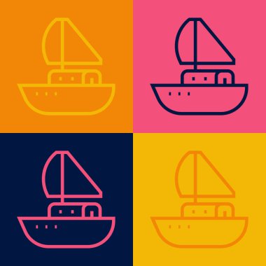 Pop Art Line Yacht yelkenli ya da yelkenli ikonu renkli arka planda izole edilmiş. Yelkenli deniz seyahati. Vektör