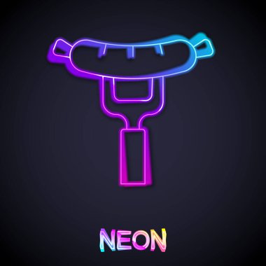 Çatal simgesinde parlayan neon hattı sosis siyah arkaplanda izole edilmiş. Izgara sosis ve aroma işareti. Vektör