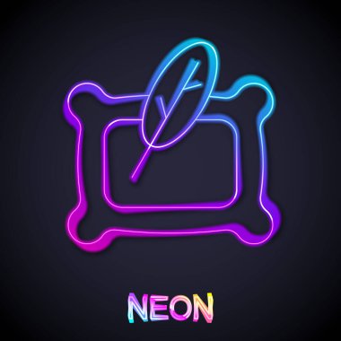 Parlak neon çizgisi dikdörtgen yastık simgesi siyah arkaplanda izole edilmiş. Yastık tabelası. Ortopedik yastık. Vektör
