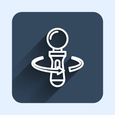 Beyaz çizgi VR denetleyici oyun simgesi uzun gölge arkaplanı ile izole edildi. Sanal gerçeklik deneyimi, mevcudiyet hissi, konum takip teknolojisi cihazı. Mavi kare düğme. Vektör