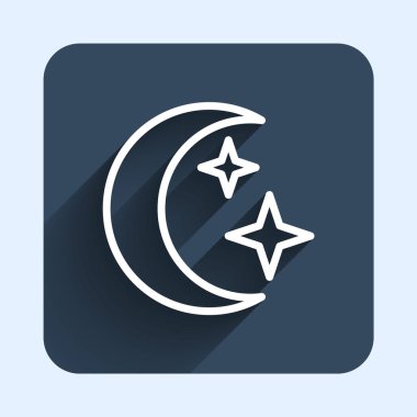 Beyaz çizgi Ay ve yıldız ikonu uzun gölge arkaplan izole. Bulutlu gece işareti. Uyku rüyalarının sembolü. Dolunay. Gece ya da yatak zamanı tabelası. Mavi kare düğme. Vektör