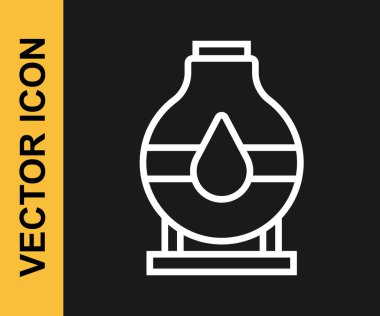 Beyaz çizgi petrol depolama ikonu siyah arkaplanda izole edildi. Petrol ve gaz endüstrisi için gemi deposu. Petrol tankı teknoloji istasyonu. Vektör