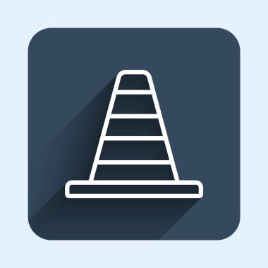 White line Traffic cone icon isolated with long shadow background. Blue square button. Vector