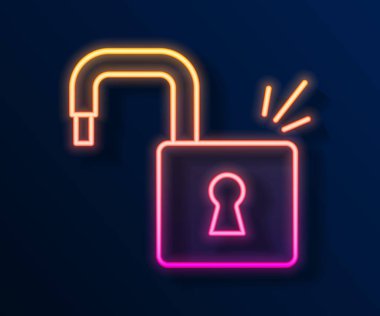 Parlayan neon hattı Açık asma kilit simgesi siyah arkaplanda izole edildi. Kilit açık işareti. Siber güvenlik kavramı. Dijital veri koruması. Vektör