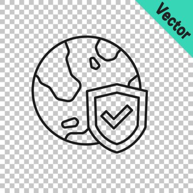 Dünya küresi simgesine sahip siyah çizgi kalkanı şeffaf arka planda izole edildi. Sigorta konsepti. Güvenlik, güvenlik, koruma, gizlilik kavramı. Vektör