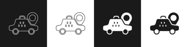 Kaart Pointer Met Taxi Auto Pictogram Geïsoleerd Zwart Wit Achtergrond — Stockvector