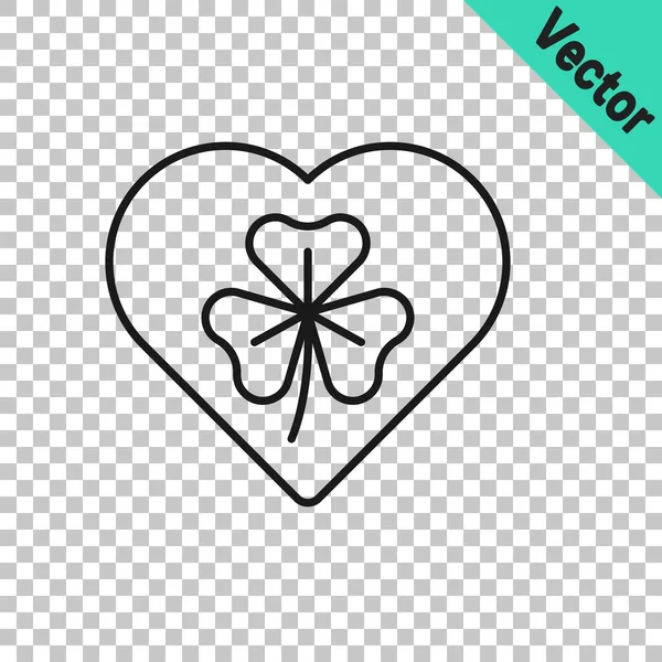 Black Line Heart Clover Trefoil Leaf Icon Isolated Transparent Background — Stock Vector