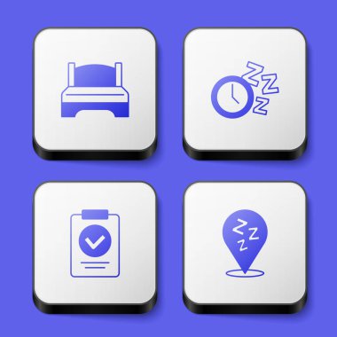 Büyük yatak, alarm saati, reçeteli ilaç ve uykulu ikonu hazırla. Beyaz kare düğme. Vektör