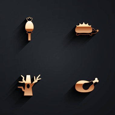 Afyon haşhaşı, kirpi, çıplak ağaç ve kızarmış hindi ya da uzun gölgeli tavuk ikonu. Vektör