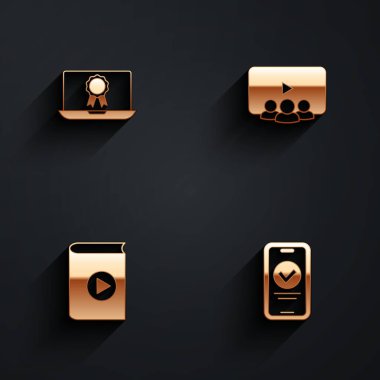 Çevrimiçi eğitimi diploma, sınıf, sesli kitap ve sınav, test ve uzun gölgeli araştırma ikonu ile ayarla. Vektör