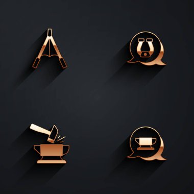 Hava üfleyici körüğü, at nalı, örs, çekiç ve uzun gölgeli Blacksmith örs alet ikonu. Vektör