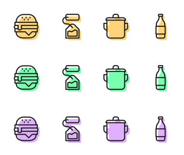 Yemek pişirme kabı, hamburger, çay poşeti ve bir şişe şarap ikonu. Vektör