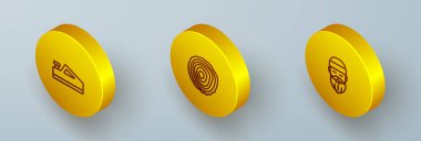 Isome hattı ahşap uçak aracı, ağaç halkaları ve oduncu simgesini ayarla. Vektör