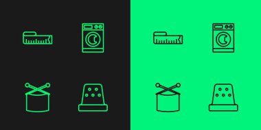 Dikiş, örgü iğneleri, mezura ölçüsü ve çamaşır makinesi simgesi için Thimble hattını ayarlayın. Vektör