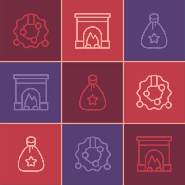 Noel çelengi, Noel Baba çantası hediyesi ve şömine ikonu. Vektör