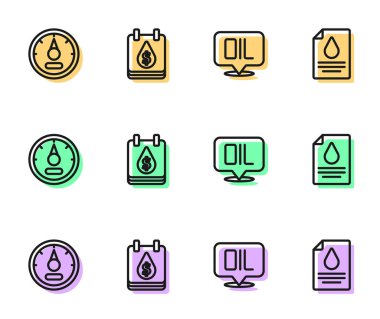 Sözcük yağı, motor benzin göstergesi, dolar sembollü yağ damlası ve kontrat parası ve kalem ikonu. Vektör
