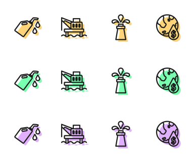 Hat petrol platformu, motor yağı tenekesi, denize platform kurun ve dolar sembolü simgesi ile bırakın. Vektör