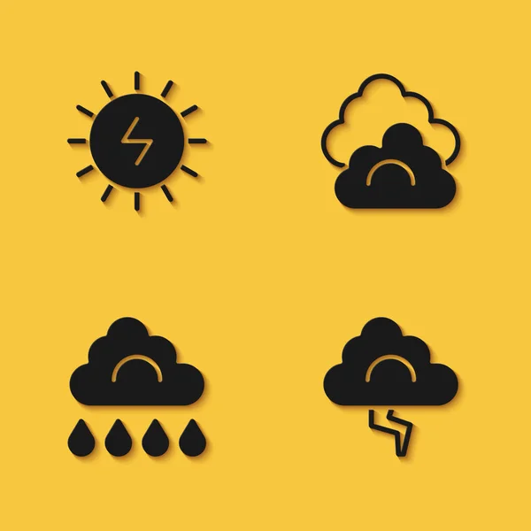 Set Solar Energy Panel Cloud Lightning Rain Icon Long Shadow — Stock Vector