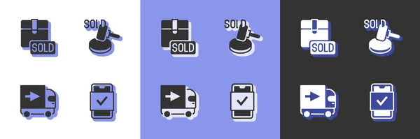 Set Mobile Shopping Sold Delivery Cargo Truck Auction Hammer Icon — Stock Vector