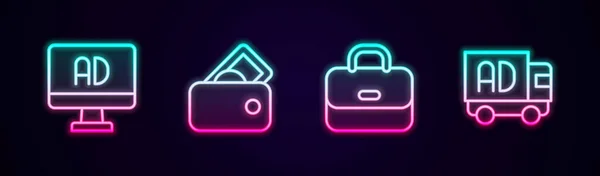 采购产品布线广告 钱包和钱 行李箱和卡车 发光的霓虹灯图标 — 图库矢量图片