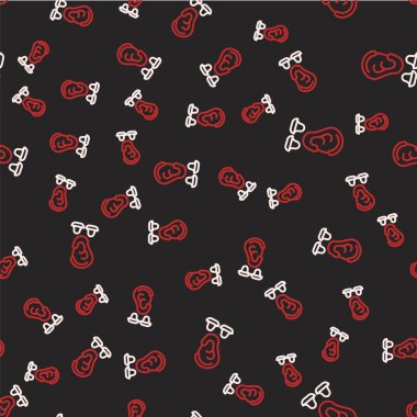 Kulak tıkaçları ve kulak ikonu siyah arkaplanda izole edilmiş kusursuz desen. Kulak tıkacı işareti. Gürültü sembolü. Uyku kalitesi konsepti. Vektör