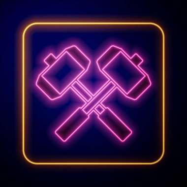 Parlayan neon ortaçağ savaş çekiçleri simgesi siyah arka planda izole edilmiş. Vektör