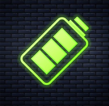 Parlayan neon batarya şarj seviyesi göstergesi simgesi tuğla duvar arka planında izole edildi. Vektör