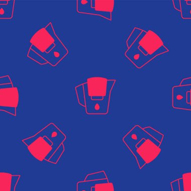 Bir filtre simgesine sahip kırmızı su sürahisi mavi arkaplanda izole edilmiş kusursuz desen. Vektör