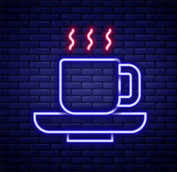 Leuchtende Neon Linie Kaffeetasse Symbol Isoliert Auf Backsteinwand Hintergrund Teetasse — Stockvektor