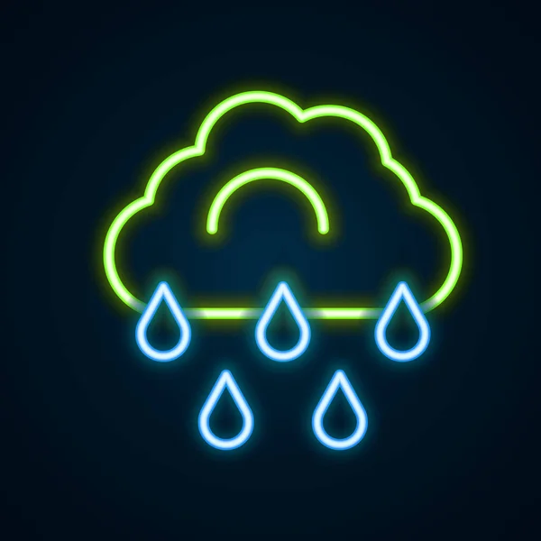 Gloeiende Neon Lijn Wolk Met Regenpictogram Geïsoleerd Zwarte Achtergrond Regenwolk — Stockvector