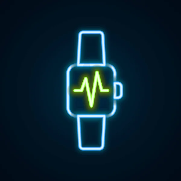 Gloeiende Neon Lijn Slim Horloge Met Hartslag Pictogram Geïsoleerd Zwarte — Stockvector