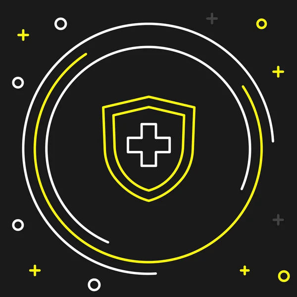 黒の背景に隔離されたシールドアイコンを持つライン生命保険 セキュリティ 安全性 保護の概念 カラフルなアウトラインコンセプト ベクトル — ストックベクタ
