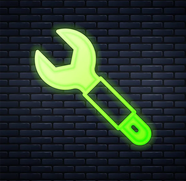 Glowing Neon Wrench Spanner Icon Isolated Brick Wall Background Spanner — Stock Vector
