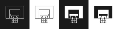 Siyah ve beyaz arkaplanda izole edilmiş basketbol arka tahtası simgesini ayarla. Vektör