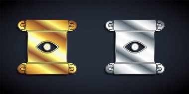 Altın ve gümüş renkli sihirli parşömen simgesi siyah arkaplanda izole edilmiş. Karar, kağıt, parşömen, parşömen ikonu. Uzun gölge tarzı. Vektör