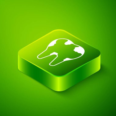 Isometric kırık diş ikonu yeşil arka planda izole. Diş problemi ikonu. Diş sağlığı sembolü. Yeşil kare düğmesi. Vektör